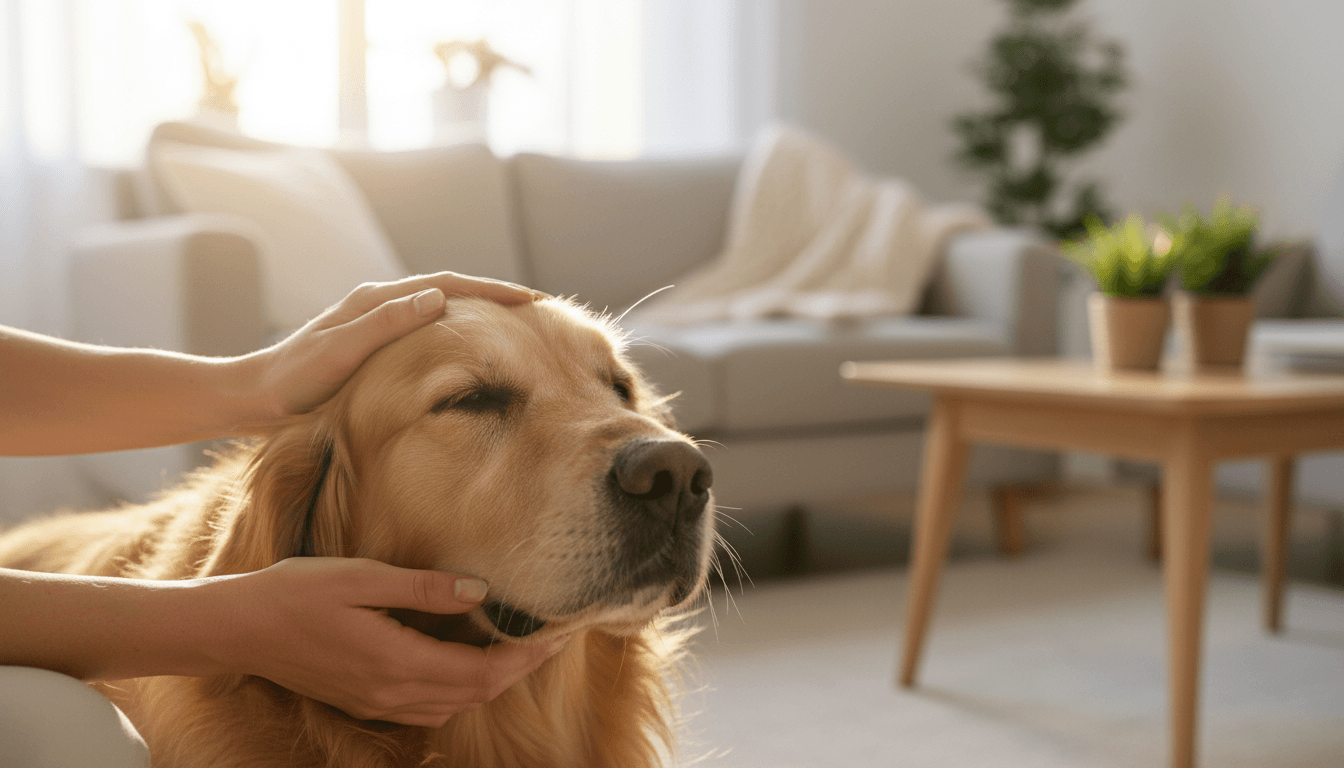 Homeowner with pet in comfortable home setting