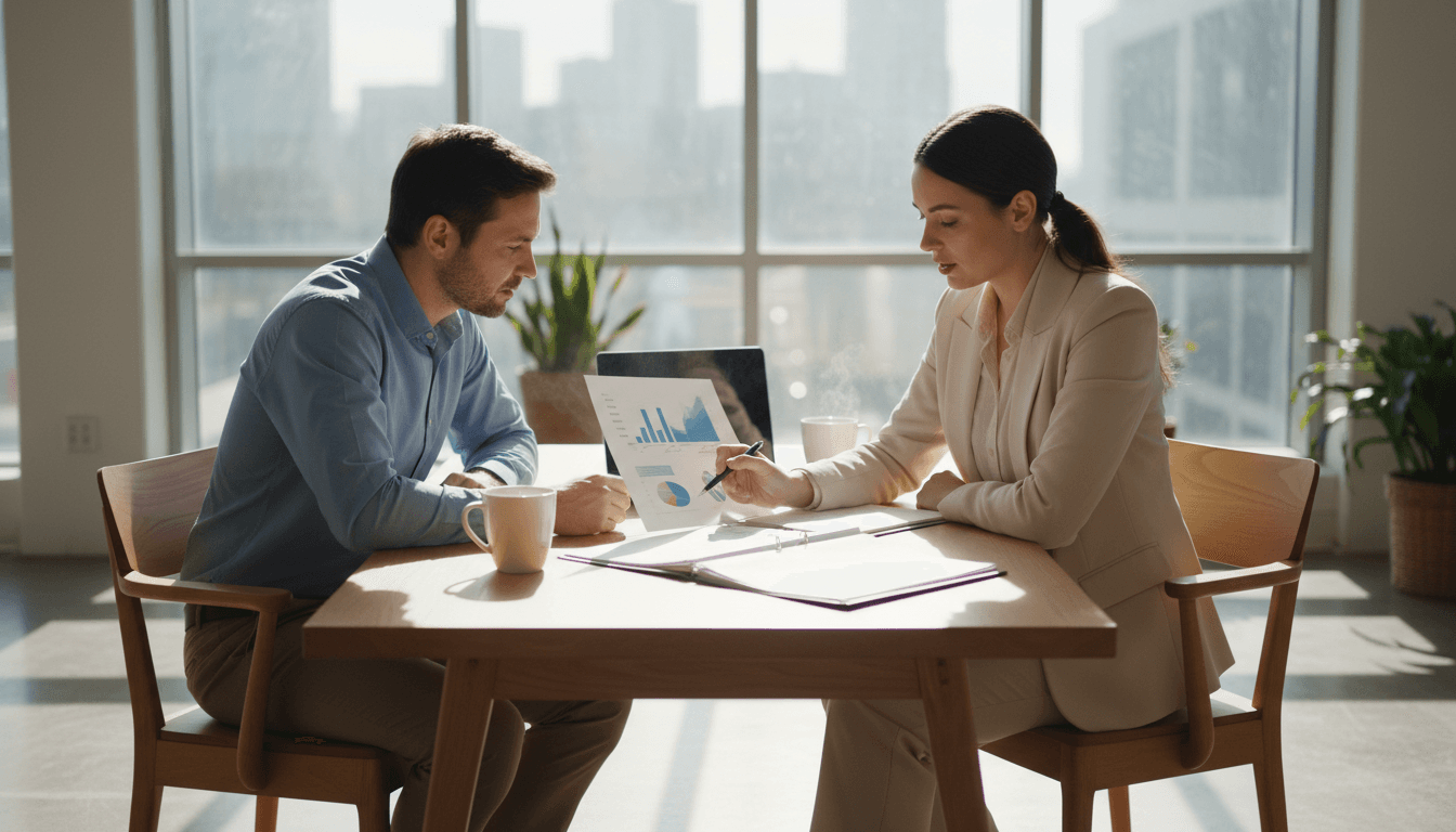 Financial advisor and client reviewing personalized financial strategy documents together at a professional desk