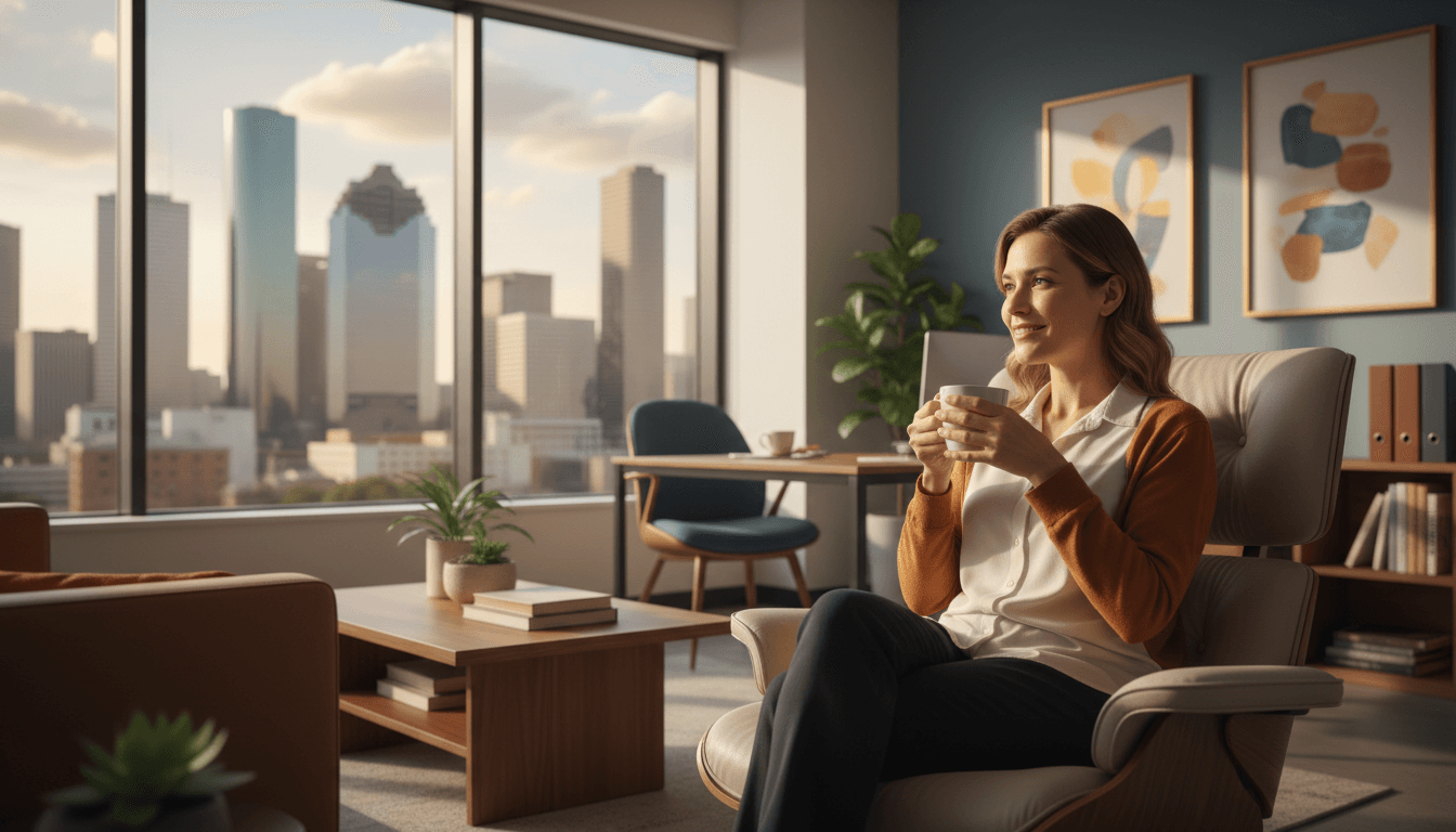 Client relaxed and confident in consultation room, representing the peace of mind from comprehensive financial planning