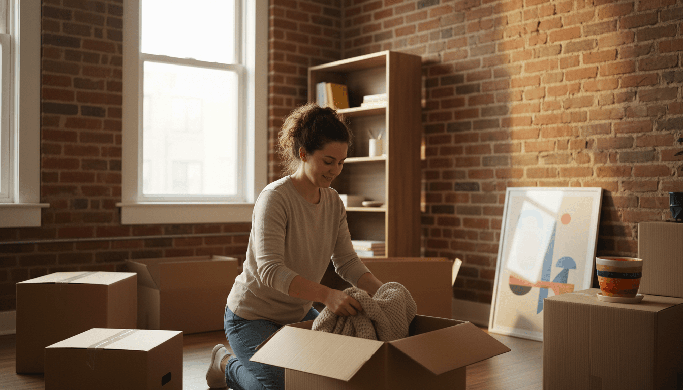 Young renter unpacking belongings in new apartment, symbolizing rental property protection