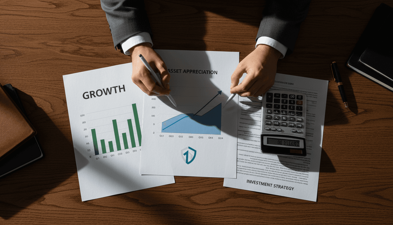 Financial documents and portfolio materials arranged on desk, representing asset protection planning
