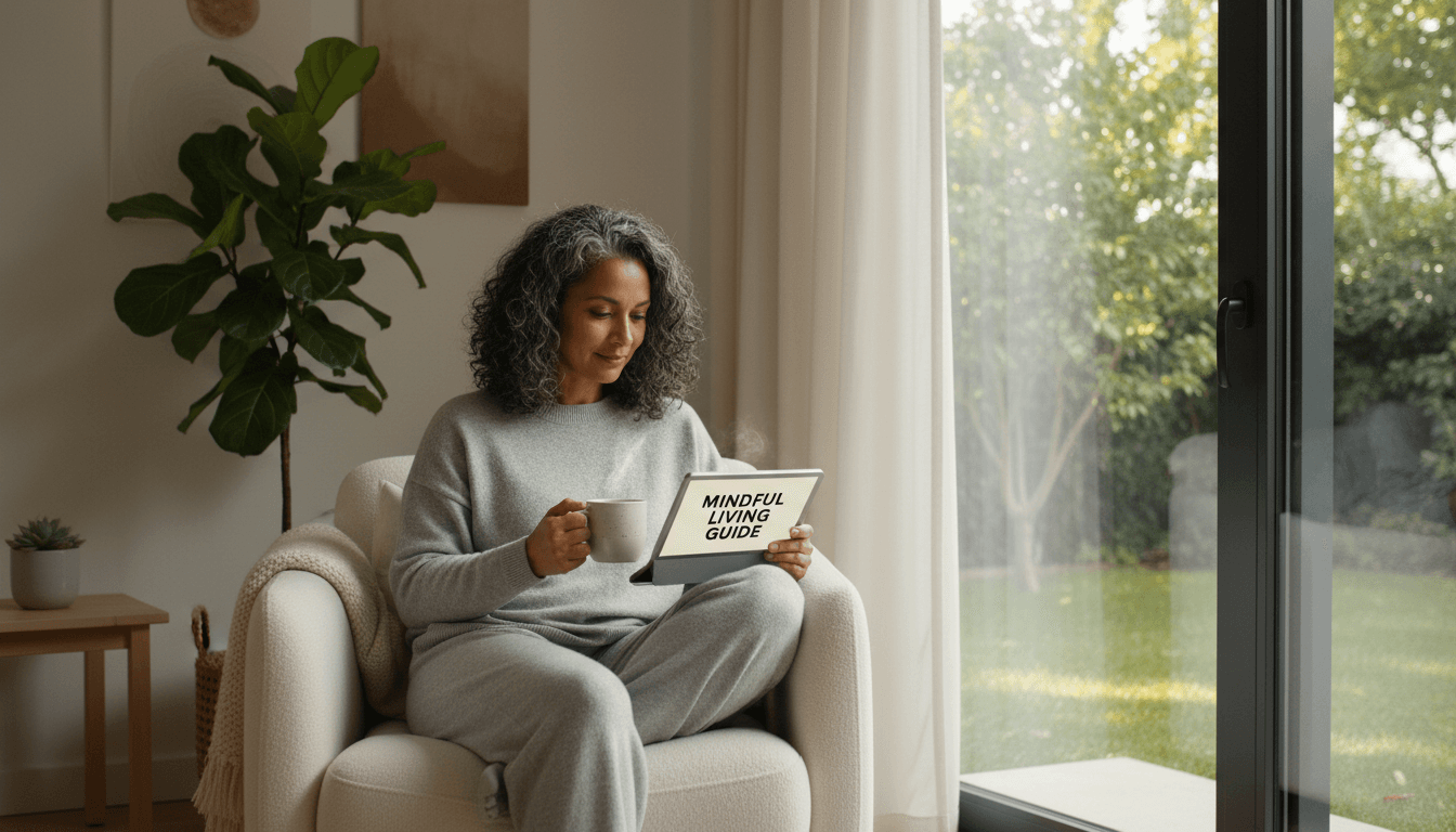 Mature woman peacefully reading wellness content on tablet by sunlit window in calm home environment